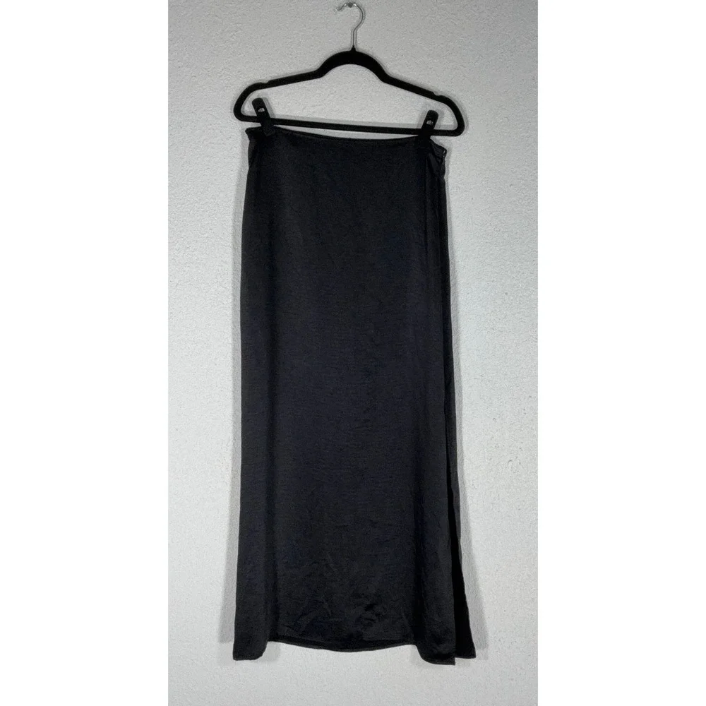 Forever 21 Black Satin Midi Skirt - L - Side Slit High Rise Minimalist 90s Chic
